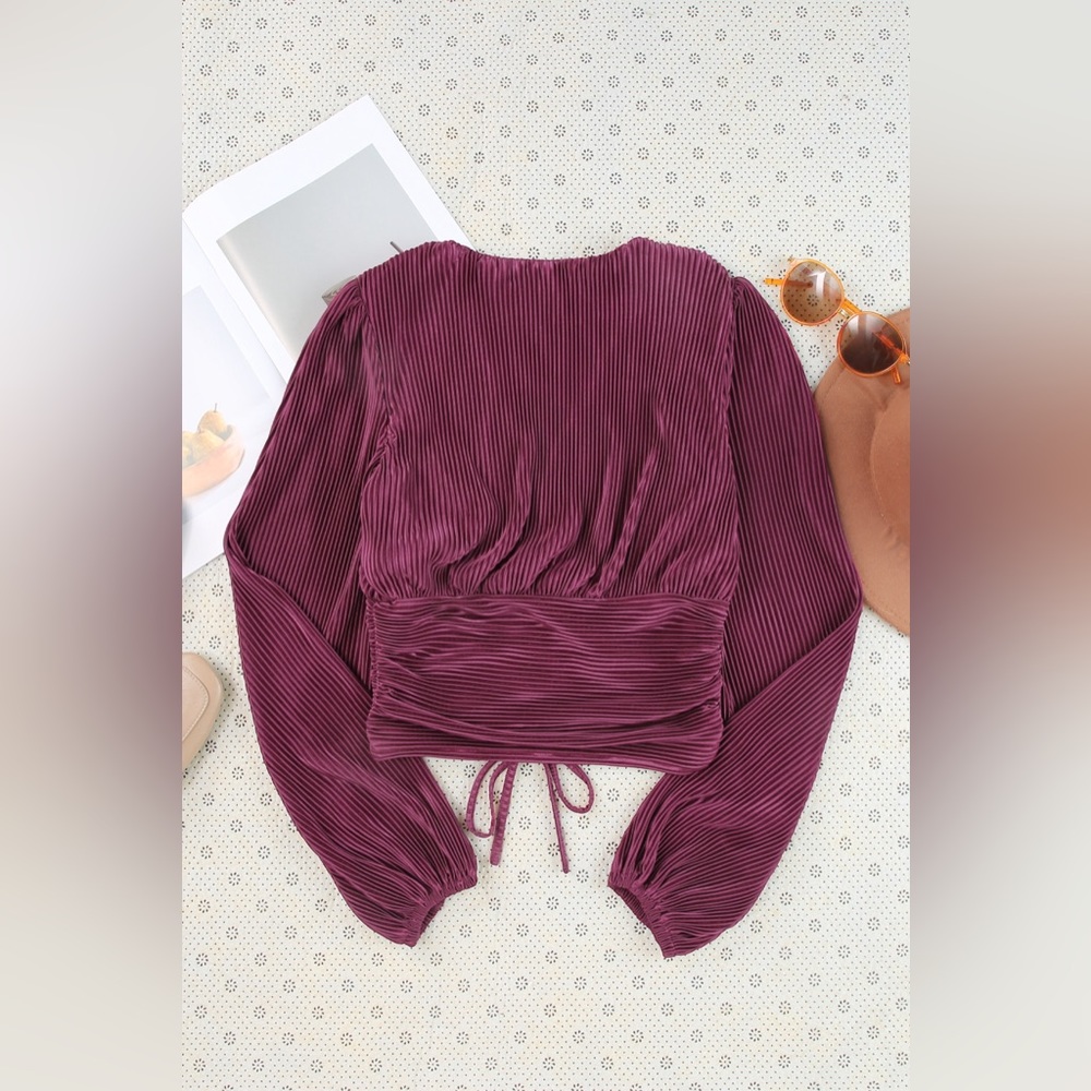 Dusty Purple Drawstring V-Neck Balloon Sleeve Blouse